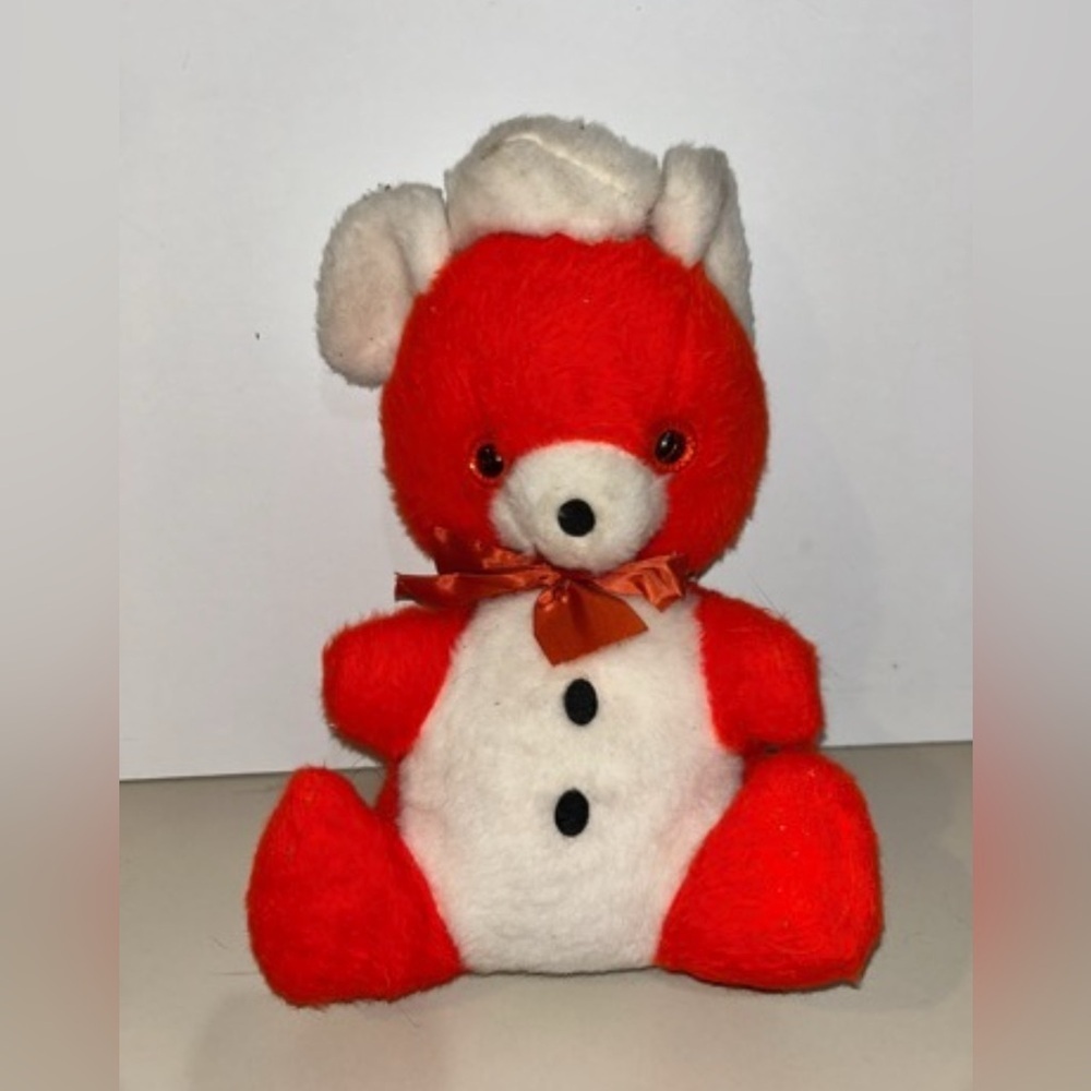 Vintage 1950’s 1960’s Adorable red and white plush teddy bear with a bow.
